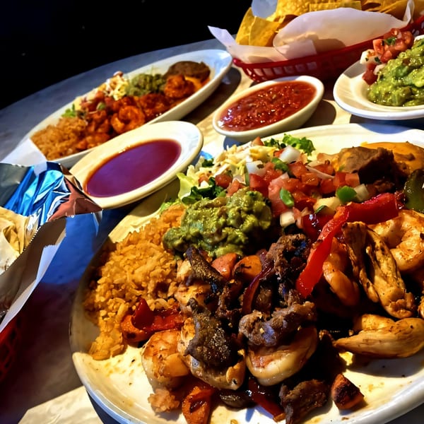 A Kico's Mexican Food platter with rice, guacamole, pico de gallo, shrimp, and steak.